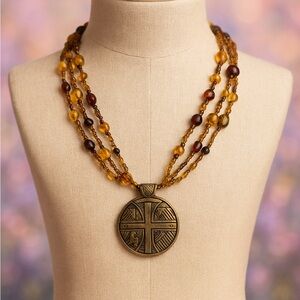 Triple-Strand Amber and Bronze Pendant Necklace
